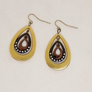 Vintage Earrings Tri-colour Rhinestone Teardrop Dangle 1 1/2" Gold Black Copper